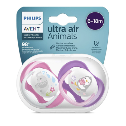 AVENT 2 SUCETTES ULTRA AIR ANIMALS 6-18 GIRL/ELEP/PENG SCF080/08