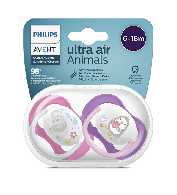 AVENT 2 SUCETTES ULTRA AIR ANIMALS 6-18 GIRL/ELEP/PENG SCF080/08