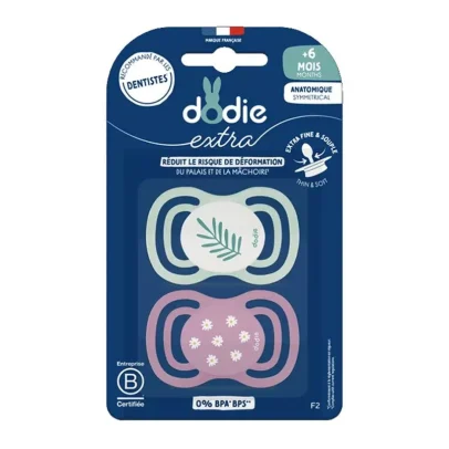DODIE 2 SUCETTES ANATOMIQUE EXTRA FINE JOUR ET NUIT 0-6M F1