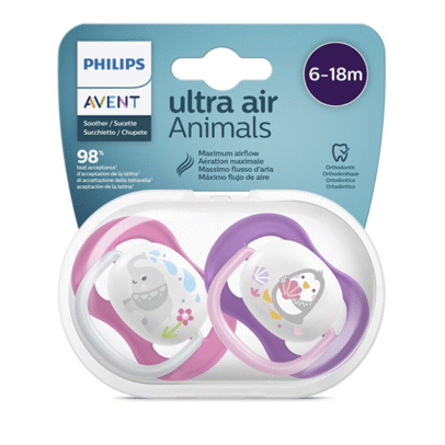 AVENT 2 SUCETTES ULTRA AIR ANIMALS 6-18 GIRL/ELEP/PENG SCF080/08