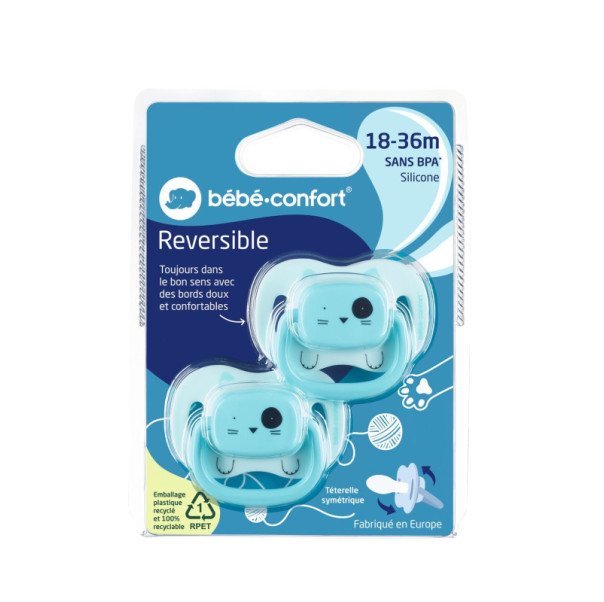 BEBE CONFORT 2 SUCETTES REVERSIBLE ANIMALS BLEU 6-18 SILICONE REF 3104202030