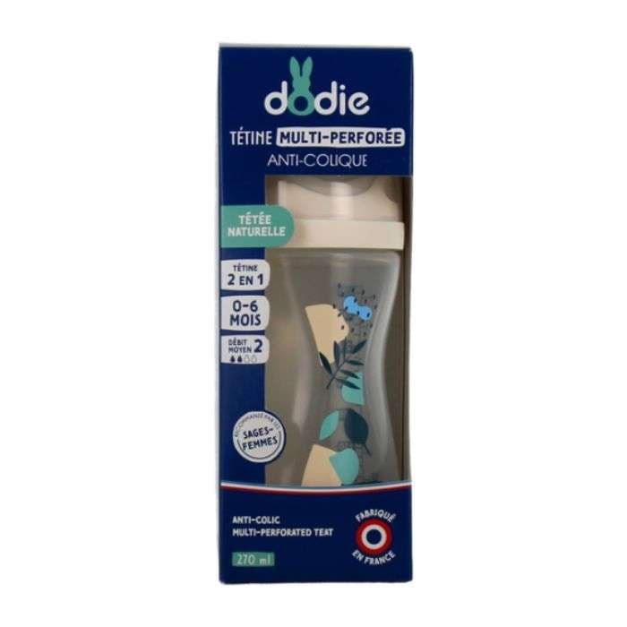 DODIE BIBERON ANTI COLIQUE D2 AVEC TETINE MULTI PERFOREE 0-6M BLEU 270ML