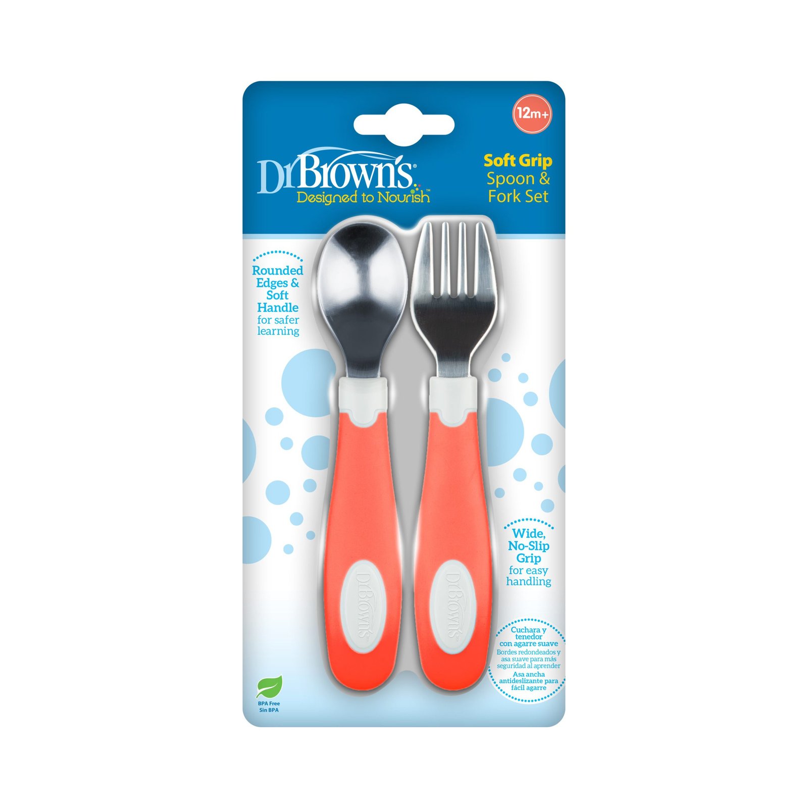 DR BROWNS SOFT GRIP SPOON & FORK SET CORAL TF027